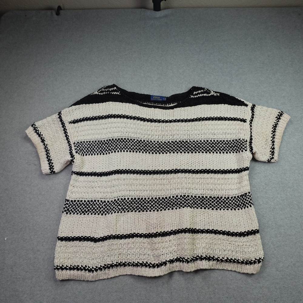 Polo Ralph Lauren Sweater Womens L Cream Black Striped Open Knit Short Sleeve